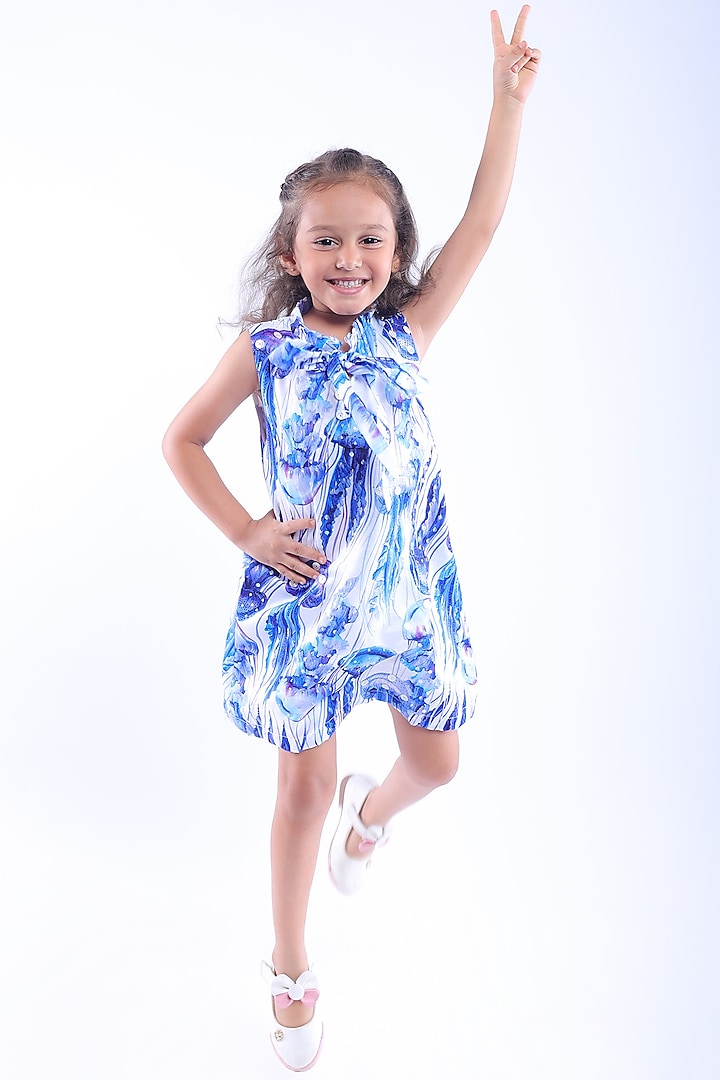 Blue Cotton Blend Printed & Sequins Embroidered Dress For Girls by La Dee Da at Pernia's Pop Up Shop