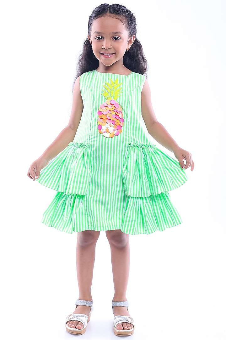 Green Cotton Blend Stripe Printed & Sequins Embroidered Dress For Girls by La Dee Da at Pernia's Pop Up Shop