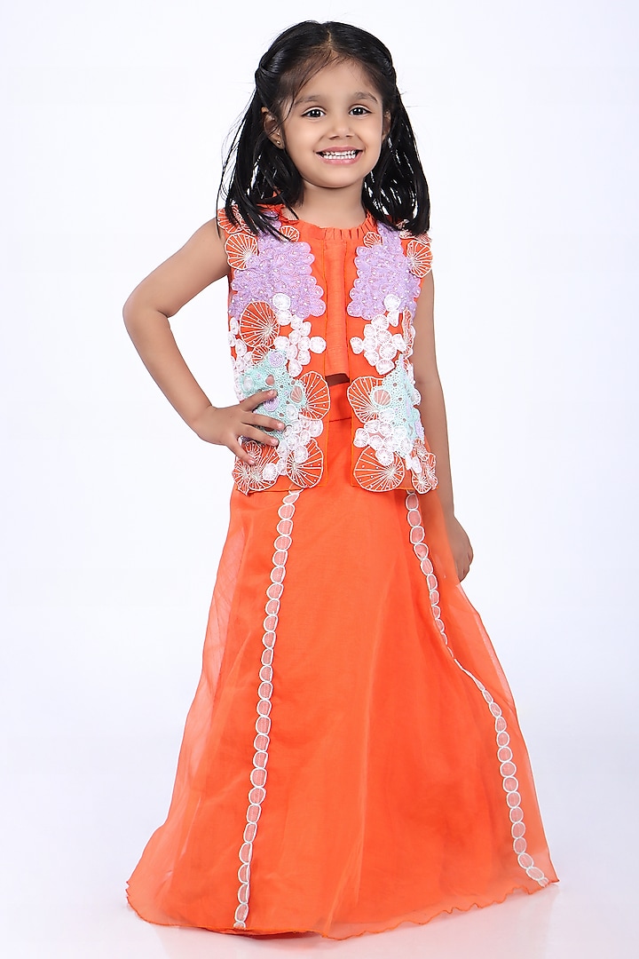 Orange Bamberg Silk & Organza Lehenga Set For Girls by La Dee Da at Pernia's Pop Up Shop