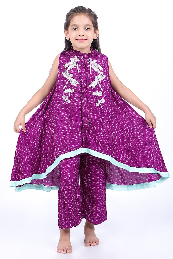 Purple & Blue Bamberg Sequins Embroidered Kurta Set For Girls by La Dee Da at Pernia's Pop Up Shop