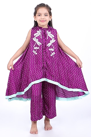 Purple & Blue Bamberg Sequins Embroidered Kurta Set For Girls by La Dee Da
