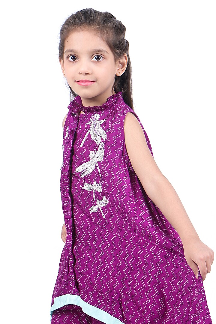 Purple & Blue Bamberg Sequins Embroidered Kurta Set For Girls by La Dee Da at Pernia's Pop Up Shop