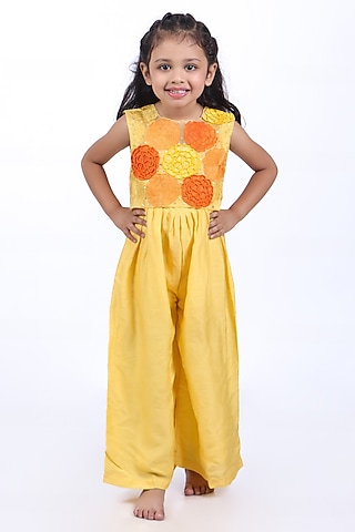 Yellow Bamberg SIlk & Organza Jumpsuit For Girls by La Dee Da