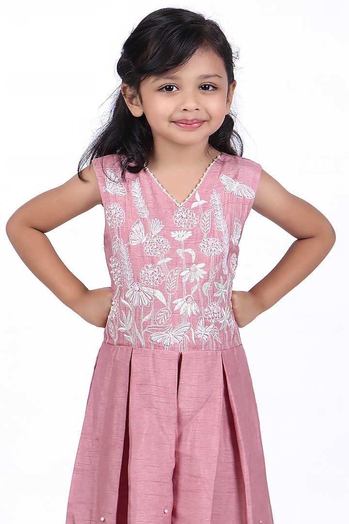 Pink Bamberg Silk Thread Embroidered Jumpsuit For Girls by La Dee Da at Pernia's Pop Up Shop