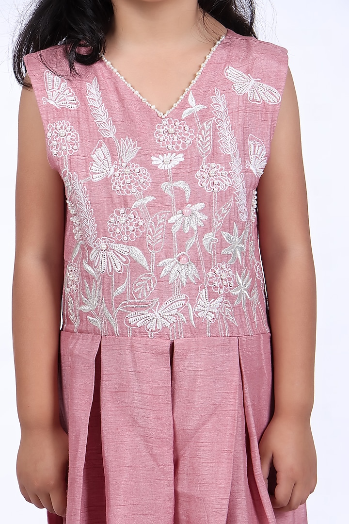 Pink Bamberg Silk Thread Embroidered Jumpsuit For Girls by La Dee Da at Pernia's Pop Up Shop
