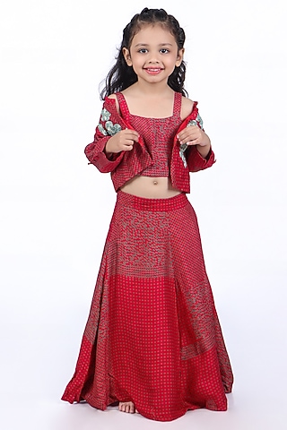 Red & Green Bamberg Silk Dot Printed Jacket For Girls by La Dee Da