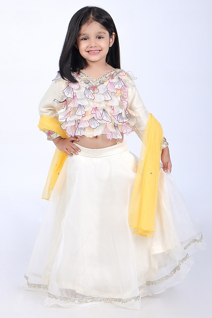 Off-White Bamberg Silk & Organza Lehenga Set For Girls by La Dee Da at Pernia's Pop Up Shop