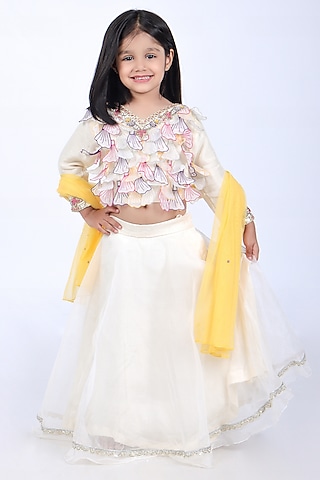 Off-White Bamberg Silk & Organza Lehenga Set For Girls by La Dee Da