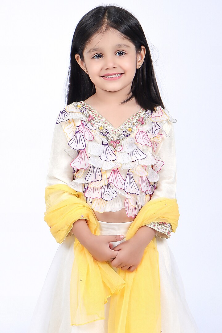Off-White Bamberg Silk & Organza Lehenga Set For Girls by La Dee Da at Pernia's Pop Up Shop