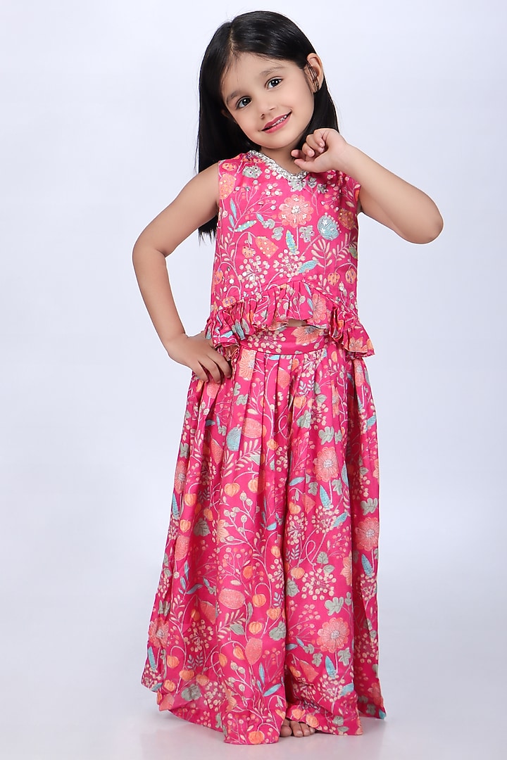 Pink Cotton Muslin Sequins Embroidered & Floral Printed Co-Ord Set For Girls by La Dee Da at Pernia's Pop Up Shop