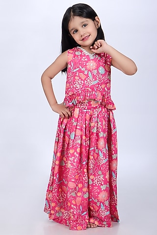 Pink Cotton Muslin Sequins Embroidered & Floral Printed Co-Ord Set For Girls by La Dee Da