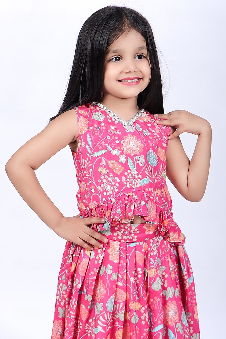 Pink Cotton Muslin Sequins Embroidered & Floral Printed Co-Ord Set For Girls by La Dee Da at Pernia's Pop Up Shop