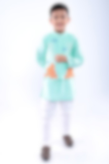 Aqua Blue Bamberg Silk & Cotton Satin Thread Embroidered Bandhgala Set For Boys by La Dee Da at Pernia's Pop Up Shop