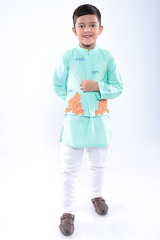 Aqua Blue Bamberg Silk & Cotton Satin Thread Embroidered Bandhgala Set For Boys by La Dee Da