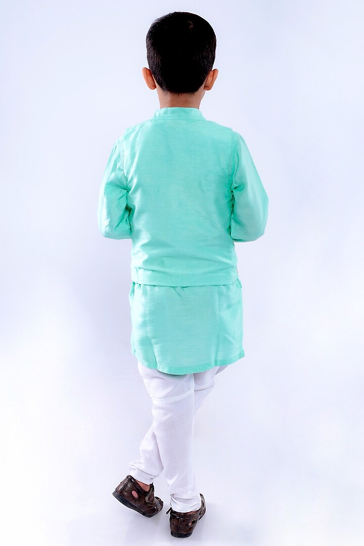 Aqua Blue Bamberg Silk & Cotton Satin Thread Embroidered Bandhgala Set For Boys by La Dee Da at Pernia's Pop Up Shop