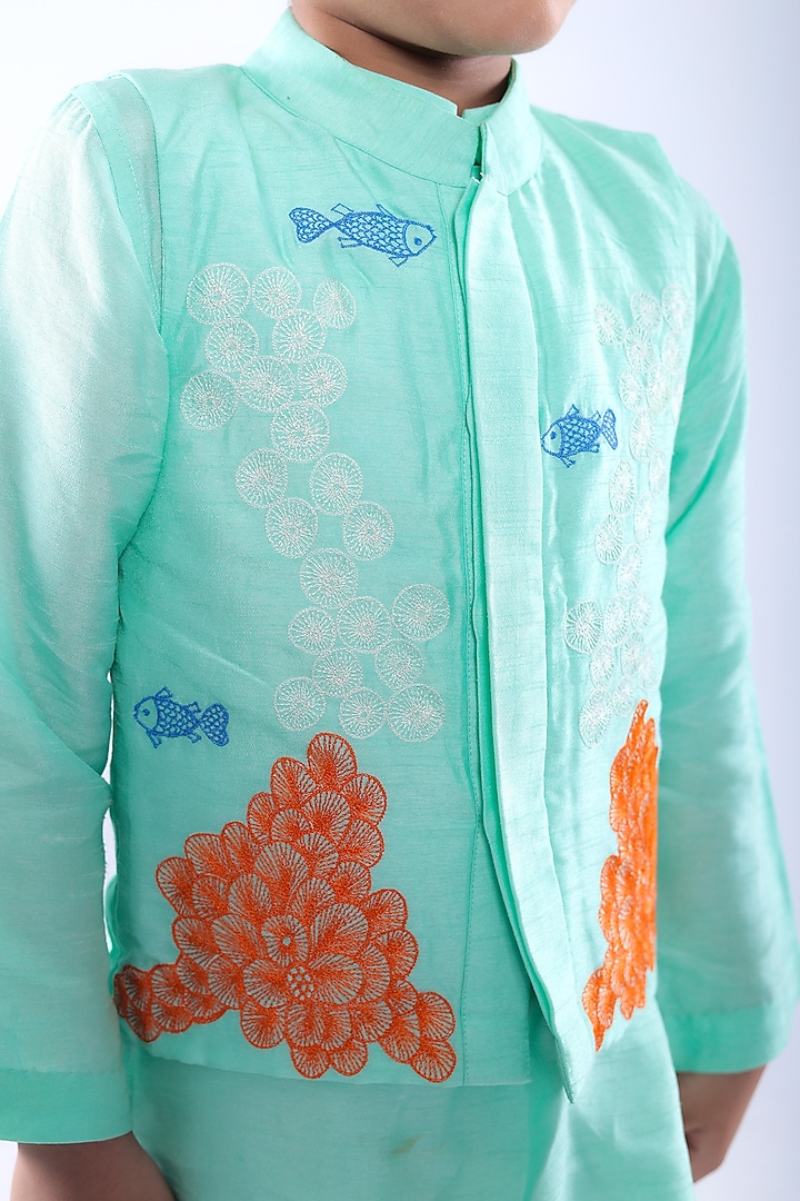Aqua Blue Bamberg Silk & Cotton Satin Thread Embroidered Bandhgala Set For Boys by La Dee Da at Pernia's Pop Up Shop
