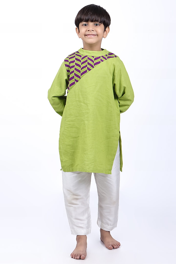 Green Khadi & Cotton Satin Geometric Printed Kurta Set For Boys by La Dee Da at Pernia's Pop Up Shop