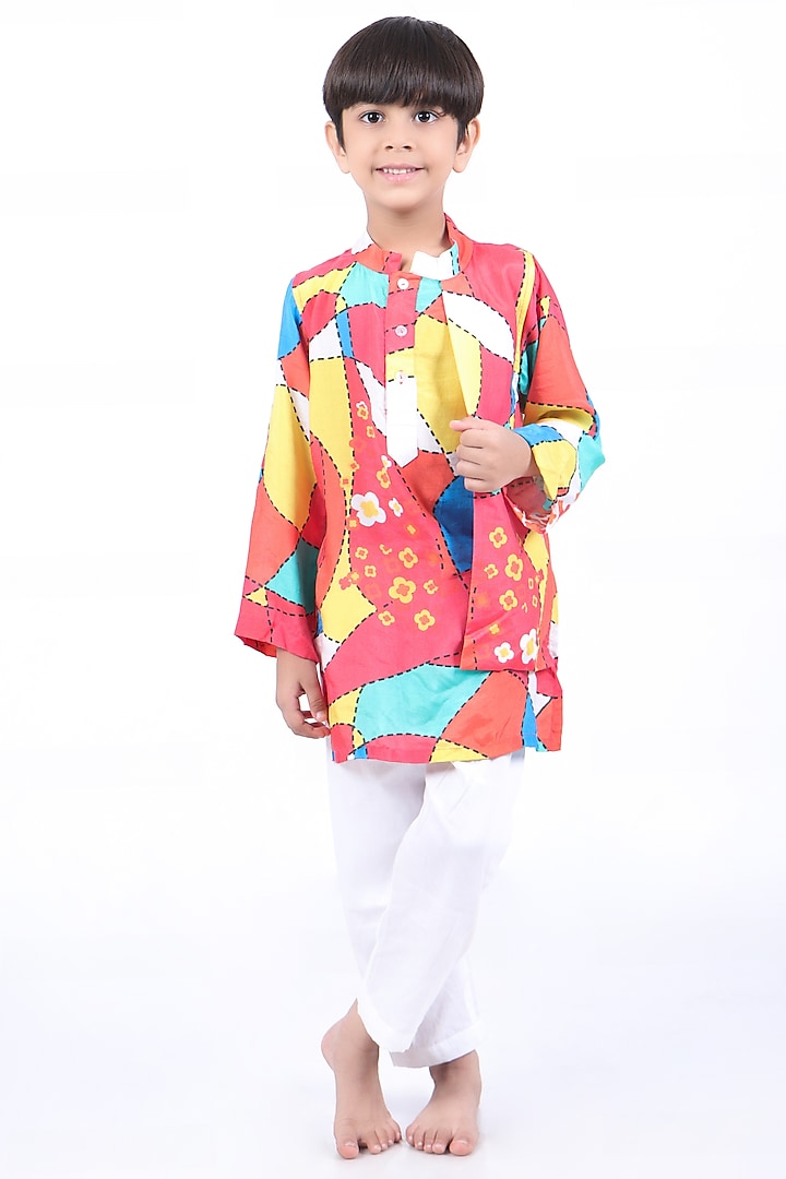 Multi-Colored Cotton & Muslin Abstract Printed Kurta Set For Boys by La Dee Da at Pernia's Pop Up Shop