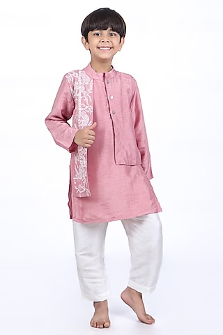 Pink Bamberg Silk Thread Embroidered Kurta Set For Boys by La Dee Da