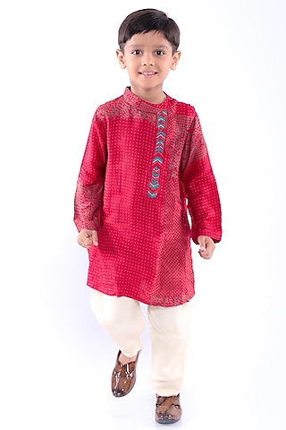 Red Bamberg Silk Thread Embroidered & Dot Printed Kurta Set For Boys by La Dee Da