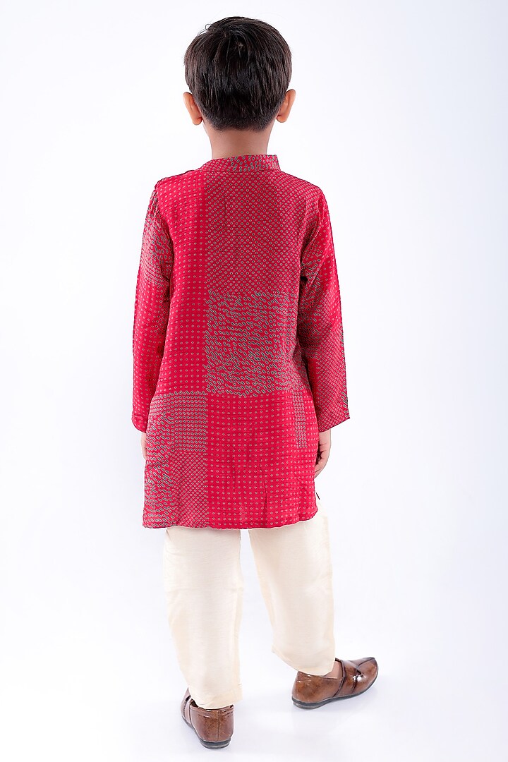 Red Bamberg Silk Thread Embroidered & Dot Printed Kurta Set For Boys by La Dee Da at Pernia's Pop Up Shop