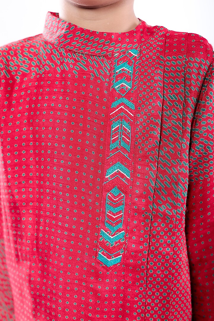 Red Bamberg Silk Thread Embroidered & Dot Printed Kurta Set For Boys by La Dee Da at Pernia's Pop Up Shop