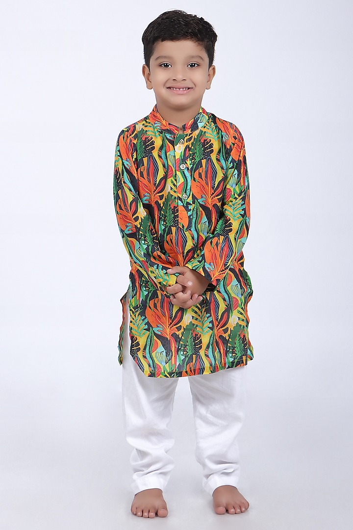 Multi-Colored Bamberg Silk & Cotton Tropical Printed Kurta Set For Boys by La Dee Da at Pernia's Pop Up Shop