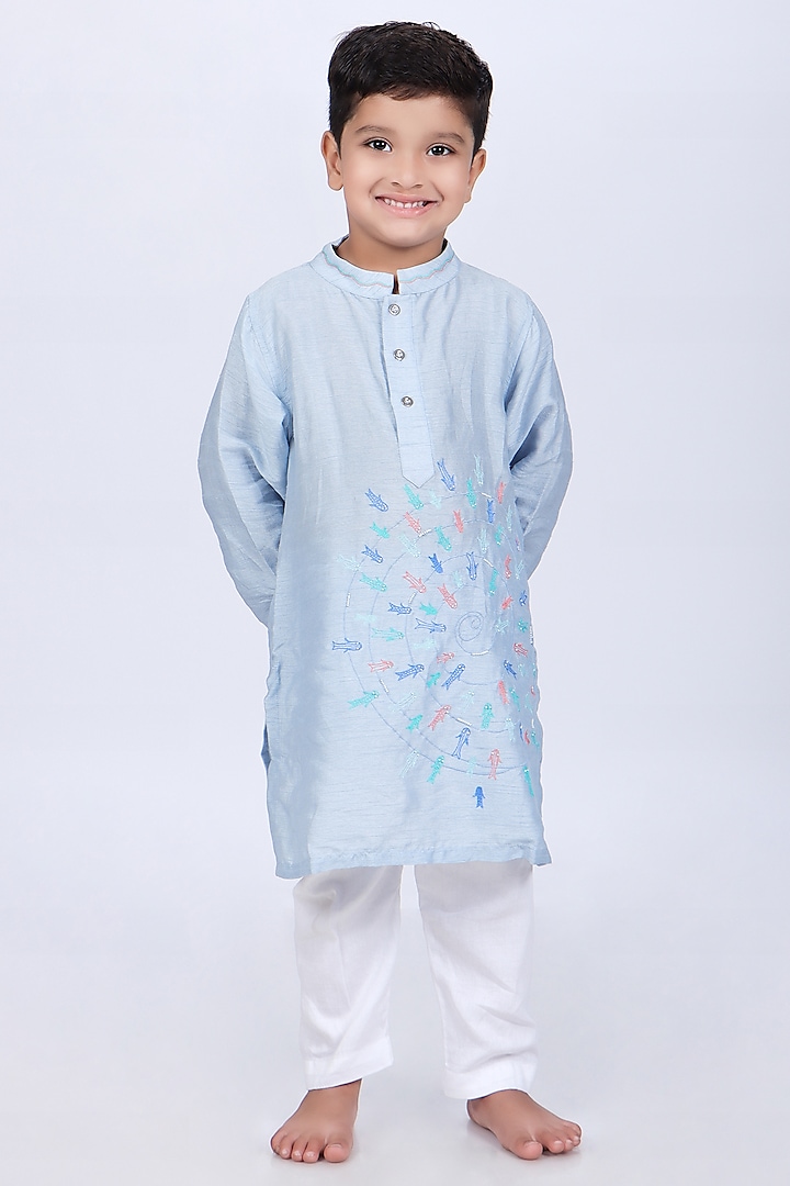 Blue Bamberg Silk Thread Embroidered Kurta Set For Boys by La Dee Da