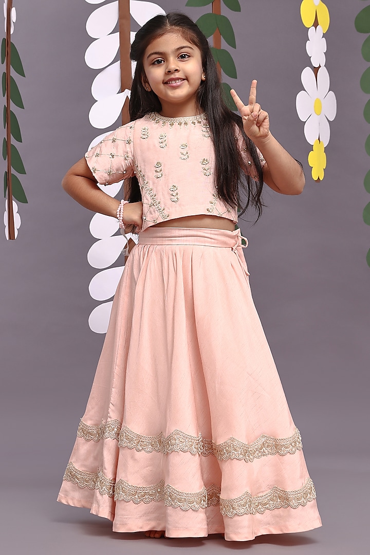 Pink Silk Gold Embroidered Lehenga Set For Girls by La Dee Da at Pernia's Pop Up Shop