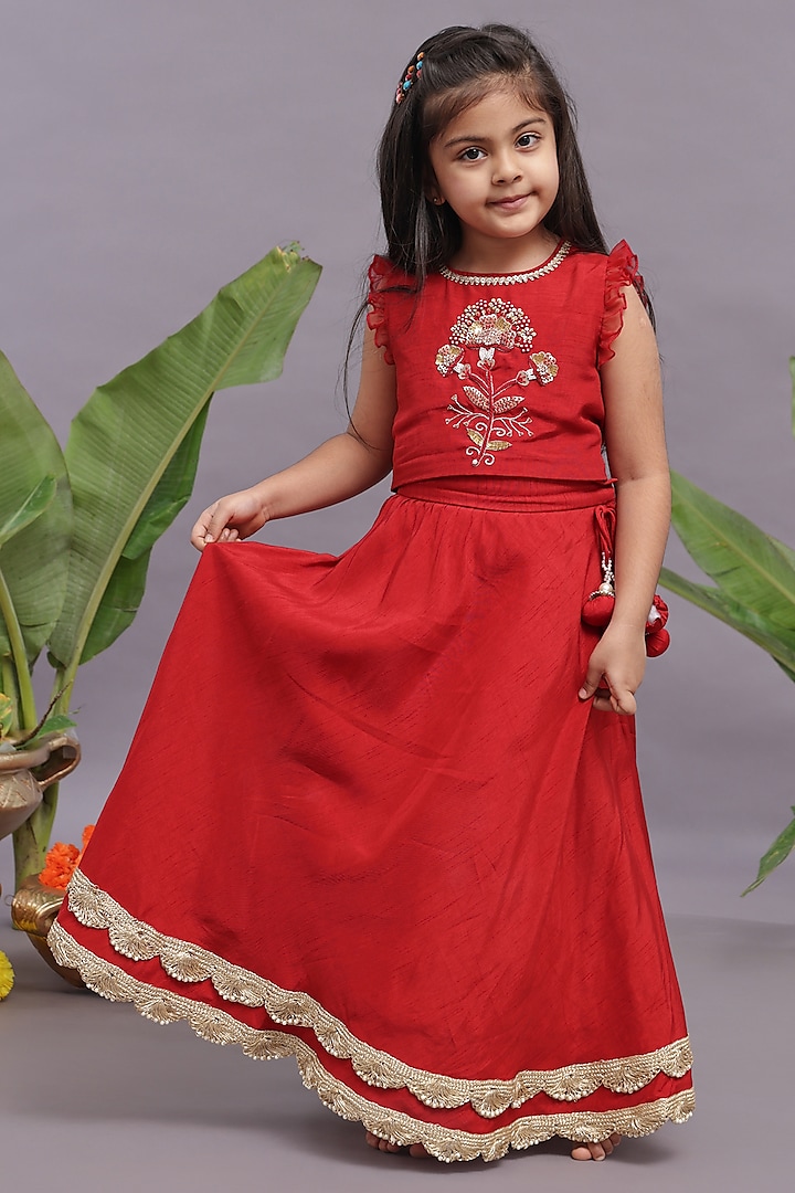 Red Silk Gold Embroidered Lehenga Set For Girls by La Dee Da at Pernia's Pop Up Shop