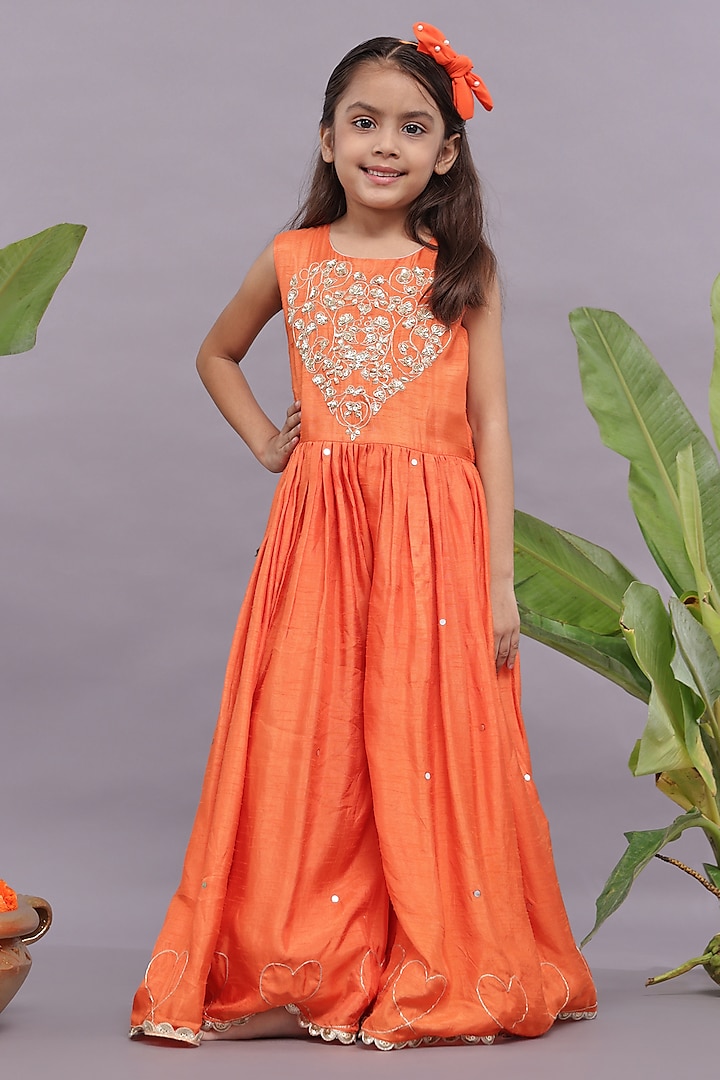 Orange Silk Thread & Sequins Embroidered Jumpsuit For Girls by La Dee Da at Pernia's Pop Up Shop