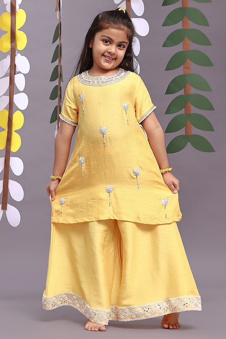 Yellow Bamberg Silk Embroidered Gharara Set For Girls by La Dee Da at Pernia's Pop Up Shop