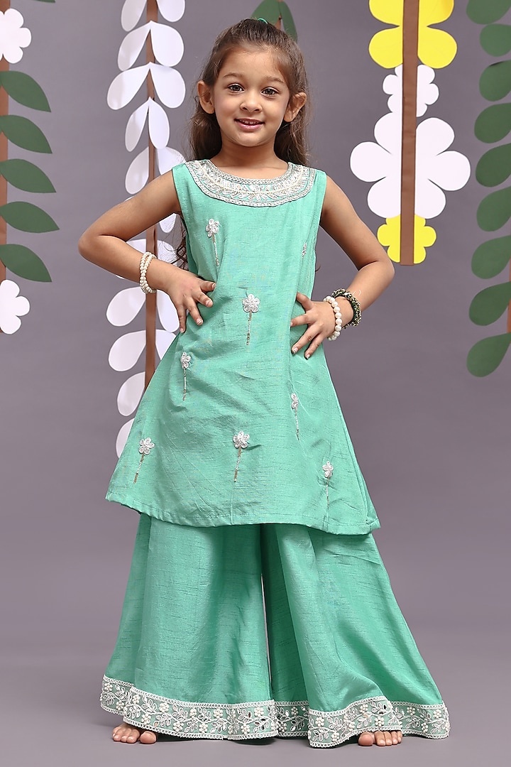 Green Bamberg Silk Embroidered Gharara Set For Girls by La Dee Da at Pernia's Pop Up Shop