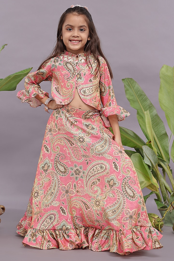 Pink Banarasi Jacquard Printed Lehenga Set For Girls by La Dee Da at Pernia's Pop Up Shop