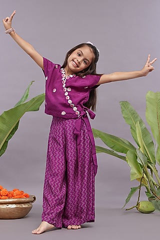 Purple Bamberg Silk Printed Palazzo Pants Set For Girls by La Dee Da