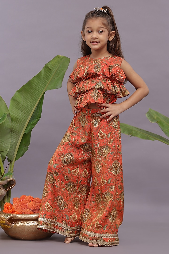 Orange Banarasi Jacquard Printed Gharara Set For Girls by La Dee Da at Pernia's Pop Up Shop