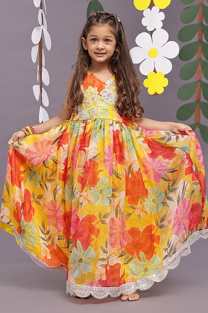 Yellow Organza Floral Printed & Pearl Embroidered Anarkali For Girls by La Dee Da at Pernia's Pop Up Shop