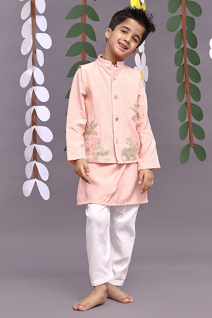 Pink Bamberg Silk Hand Embroidered Bandhgala Set For Boys by La Dee Da at Pernia's Pop Up Shop