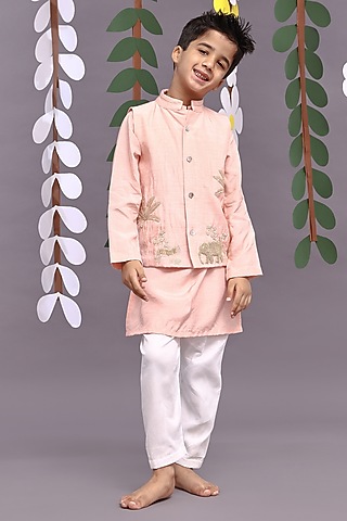 Pink Bamberg Silk Hand Embroidered Bandhgala Set For Boys by La Dee Da