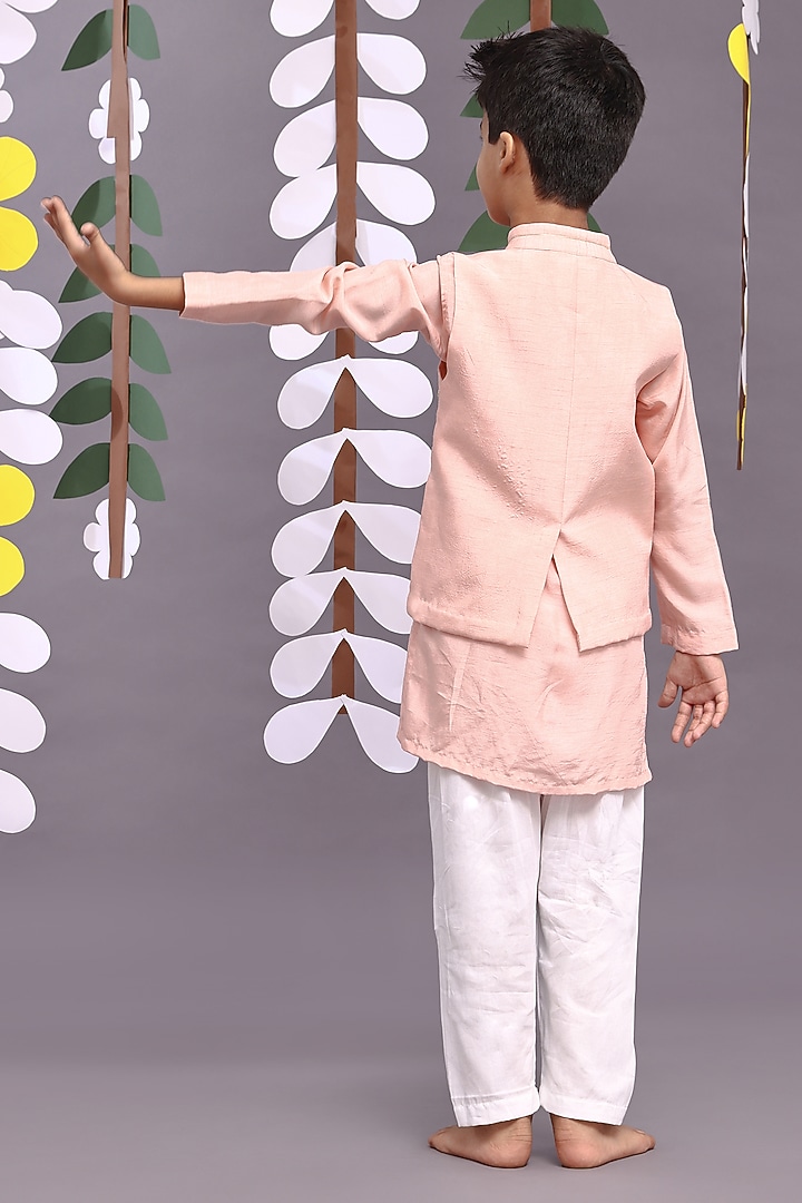 Pink Bamberg Silk Hand Embroidered Bandhgala Set For Boys by La Dee Da at Pernia's Pop Up Shop