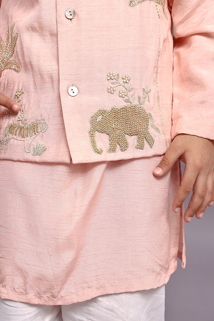 Pink Bamberg Silk Hand Embroidered Bandhgala Set For Boys by La Dee Da at Pernia's Pop Up Shop