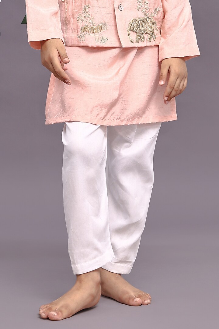 Pink Bamberg Silk Hand Embroidered Bandhgala Set For Boys by La Dee Da at Pernia's Pop Up Shop