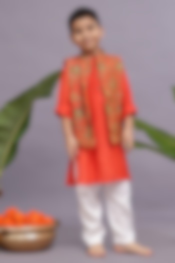 Orange Banarasi Jacquard Printed Bandhgala Set For Boys by La Dee Da at Pernia's Pop Up Shop