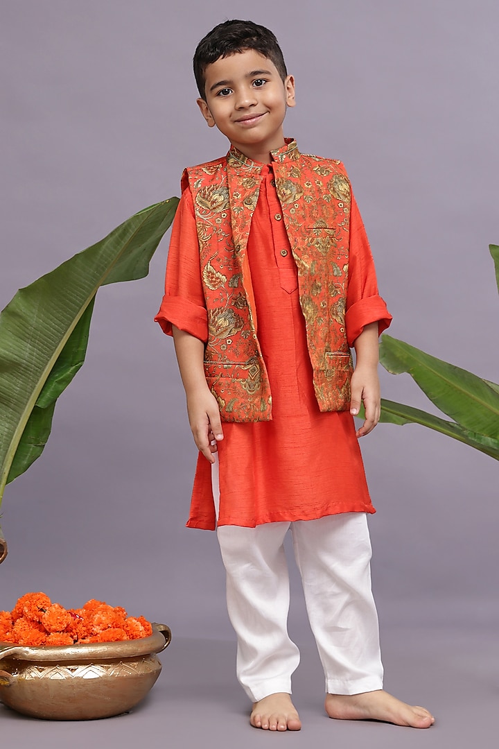 Orange Banarasi Jacquard Printed Bandhgala Set For Boys by La Dee Da at Pernia's Pop Up Shop