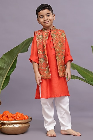 Orange Banarasi Jacquard Printed Bandhgala Set For Boys by La Dee Da