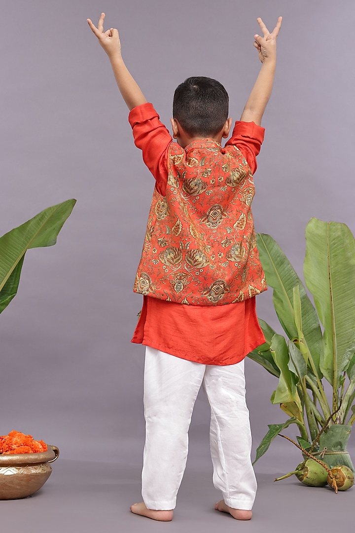 Orange Banarasi Jacquard Printed Bandhgala Set For Boys by La Dee Da at Pernia's Pop Up Shop