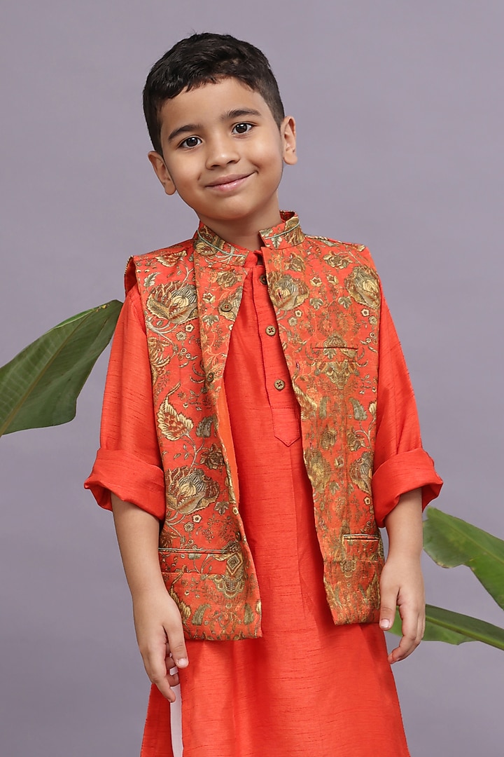 Orange Banarasi Jacquard Printed Bandhgala Set For Boys by La Dee Da at Pernia's Pop Up Shop