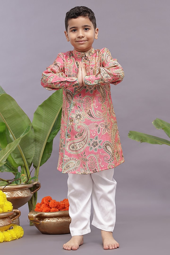 Pink Banarasi Jacquard Printed Kurta Set For Boys by La Dee Da