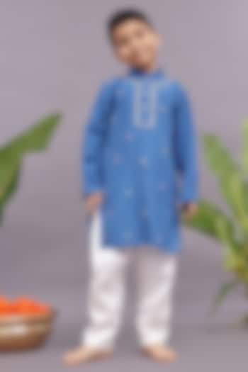 Blue Silk Thread & Bead Embroidered Kurta Set For Boys by La Dee Da at Pernia's Pop Up Shop