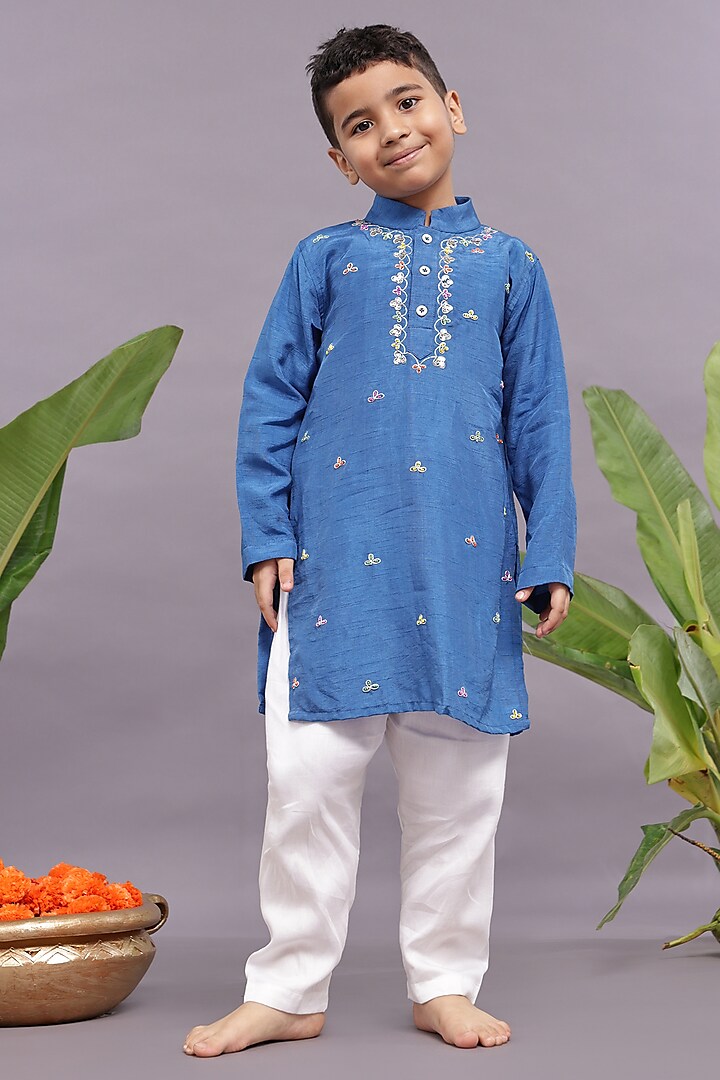 Blue Silk Thread & Bead Embroidered Kurta Set For Boys by La Dee Da at Pernia's Pop Up Shop